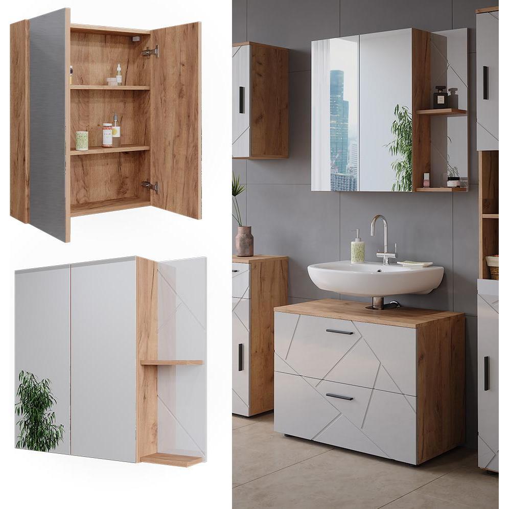 Thumbnail - Vicco, Spiegelschrank, Badspiegelschrank Irma, Goldkraft Eiche/Weiss Hochglanz, 80 x 75 cm