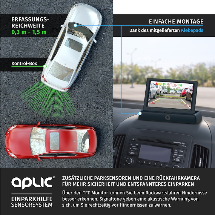 Image du produit Aplic Caméra de recul, aide au stationnement avec 4x capteurs de stationnement, caméra & écran 4,3" avec