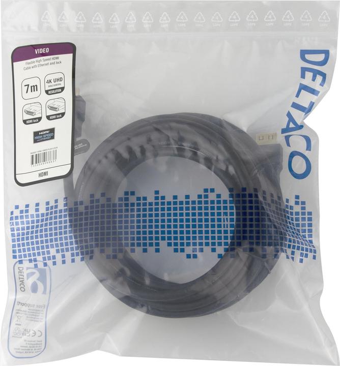Productafbeelding Deltaco Hoge-snelheid Flex HDMI kabel, 7M, w/lock, 4K/30Hz, zwart (6 m, HDMI)