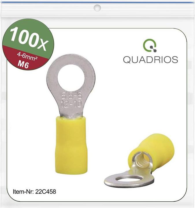 Quadrios 22C458 Ring cable lug cross-section (max.)=6.0 mm² hole-Ø=6.5 mm Partially insulated Yellow 1 set