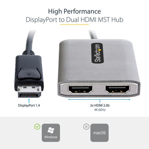 Produktbild StarTech com DP to Dual HDMI MST HUB - Dual HDMI 4K 60Hz - DisplayPort Multi Monitor Adapter with 1f (HDMI, 4.30 cm)