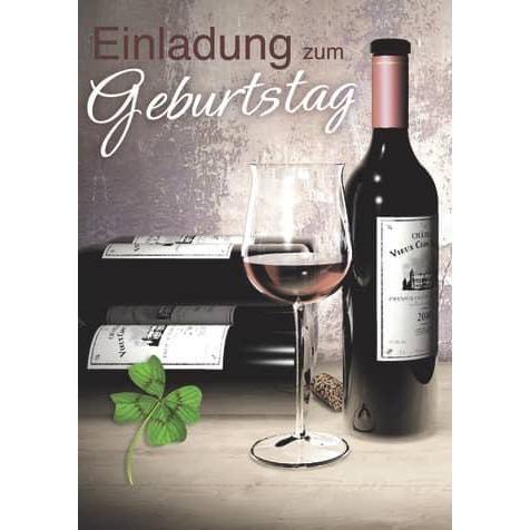 Komma³, Grusskarte + Briefpapier, Einladungskarte Geburtstag "Weinflasche und Kleeblatt" 5er Beutel (5 Stk.)