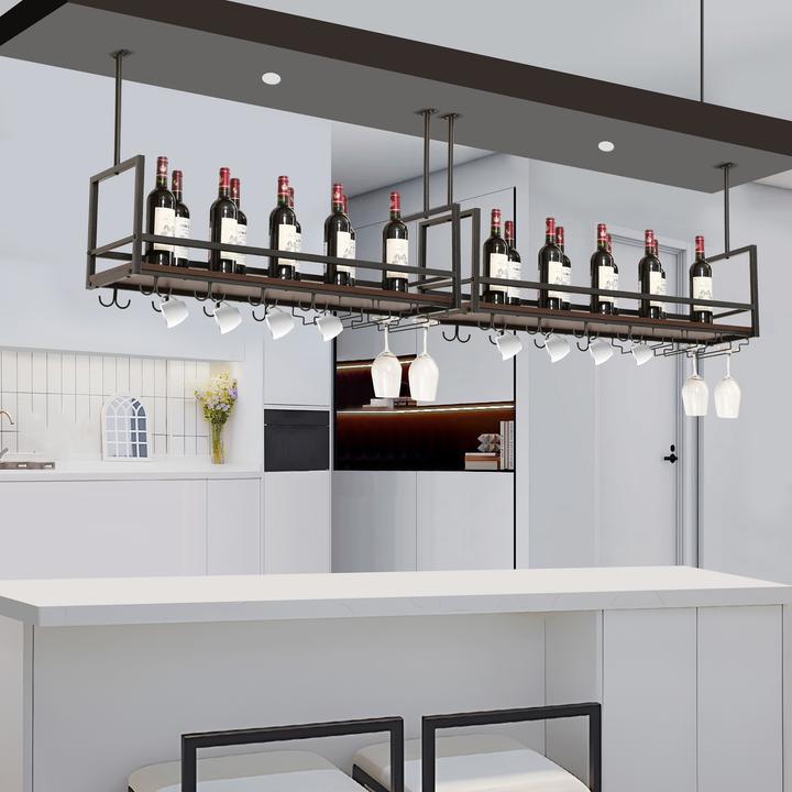 Actual product image En.Casa Weinregal mit Glashalterung Borejle 100x30x65 cm Schwarz/Walnussoptik