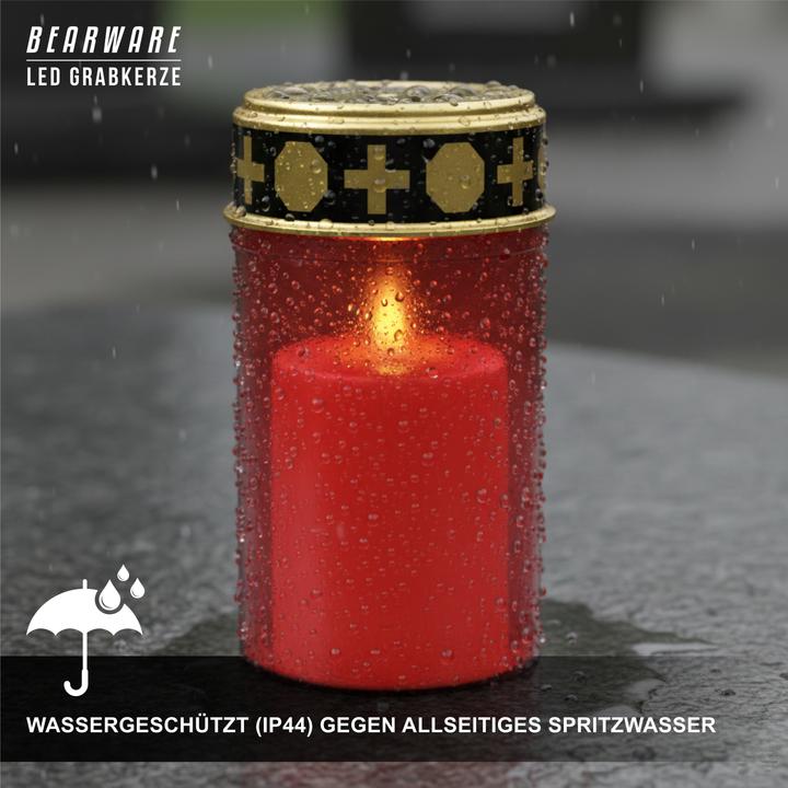 Actual product image Bearware 3x LED Grablicht, Wassergeschützt, Flackereffekt, 1 Monat Leuchtdauer, inkl. Batterien, Rot/Gold (3x)
