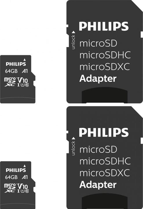 Image du produit Philips MicroSDXC 2-Pack 64GB Class 10 UHS-I U1 incl. adaptateur (64 Go, microSDXC, U1, UHS-I)