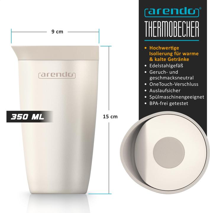 Produktbild Arendo Thermobecher 350 ml, Thermal Mug, Kaffee to go Becher mit Deckel aus Edelstahl 0,3 L, Edelstahl (0.35 l)
