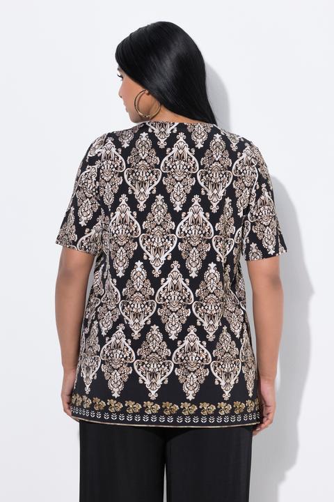 Image du produit Ulla Popken Blouse au tombé fluide, manches courtes, décolleté V avec pli fantaisie, coupe Classic Fit (50, 52)