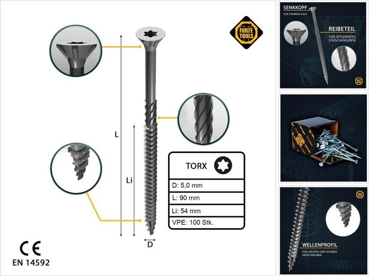 Forte tools CHIPBOARD SCR T25 5.0X90/54 WHITE ZN(100 (100 Screws per piece)