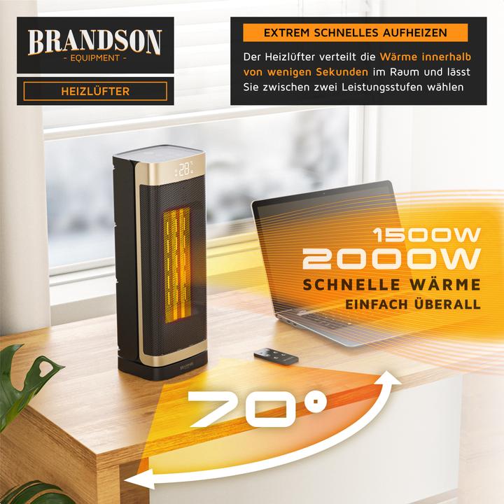 Image du produit Brandson Keramik Heizlüfter 2000W, 70° Oszillation, Kippschutz, Temperatureinstellung 10-35°C, schwarz/gold (2000 W)
