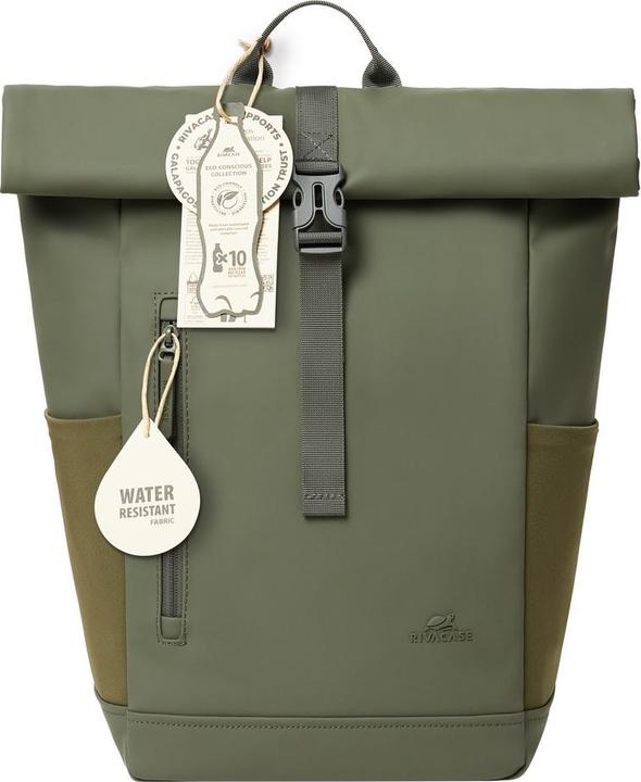 Actual product image Rivacase Rolltop Eco Waterproof RPET PU Leather Backpack for Men and Women, Olive Green (17 l)
