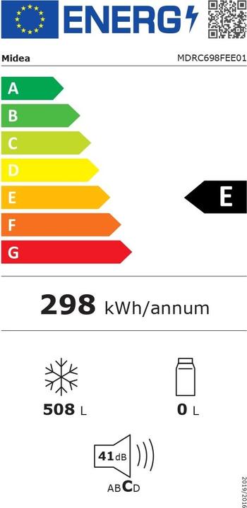 Energy Label Midea MDRC698FEE01 Freezer, E, Free standing, Height 73.5 cm, Freezer net 508L, White (Stand-alone, 508 l)