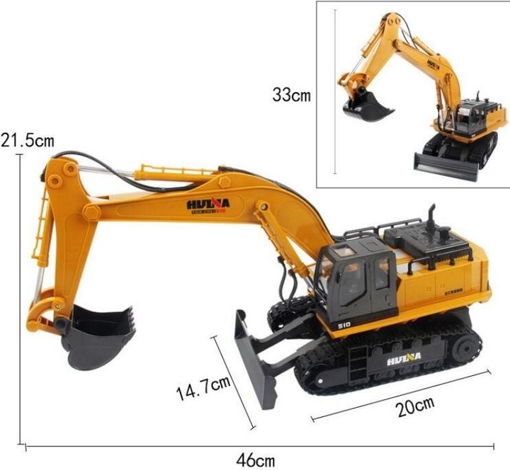 Produktbild Huina 1:16 RC Bagger mit Kettenantrieb und Tieflöffel, 11 Funktionen und 2.4G Sender.