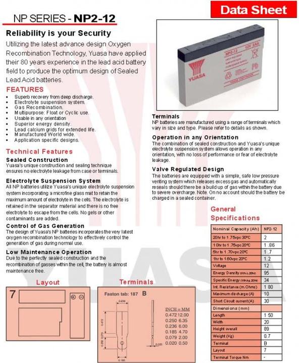 Nährwerte und Zutaten Yuasa Akku NP2-12 (12 V, 2 Ah)
