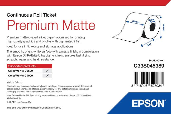 Image du produit Epson Étiquette de ticket Premium 76 mm x 35 m (8 cm)