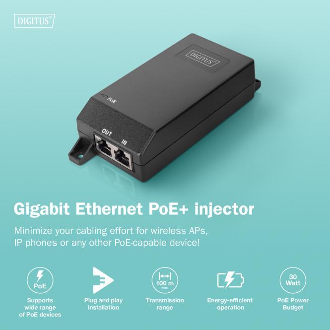 Produktbild Digitus Gigabit Ethernet PoE+ Injektor, 802.3at, 30 W (802.3af (PoE), 802.3at (PoE+), 30 W)