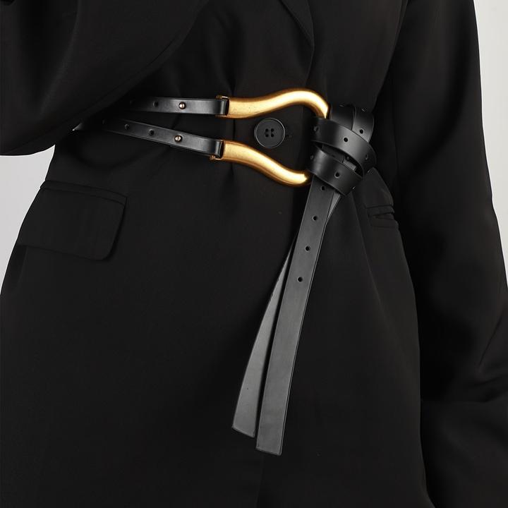 Produktbild Only-Bags.Store Trendy Hufeisen Schnalle Punk Gürtel Schwarz PU Leder Taillenband Verstellbar Mantel Kleid Gürtel