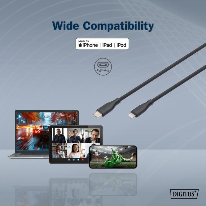 Productafbeelding Digitus Aansluitkabel in silicone Lightning, USB-C - Lightning, 2 m, nero (2 m, USB 2.0, 60 W)