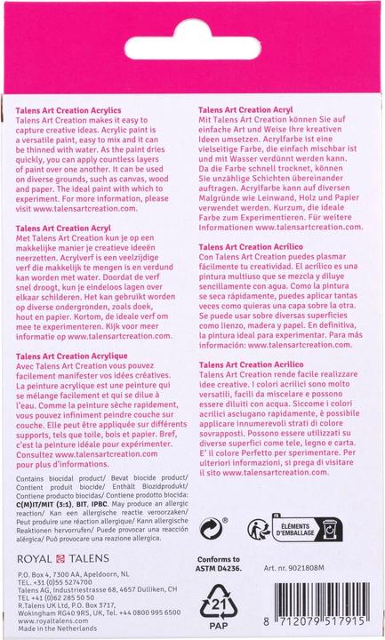 Produktbild Talens Acrylfarbe Art Creation 8er Set, Mehrfarbig (Ivory black, Permanent green deep, Yellow Ochre, Primary Yellow, Burnt umber, Primary Cyan, Titanium White, primary magenta, 12 ml)