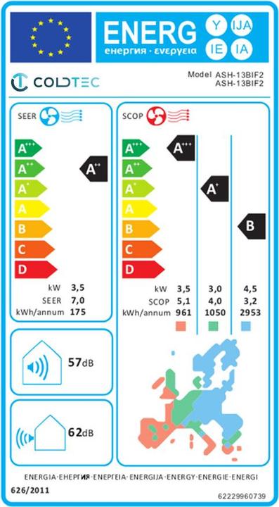 Energy Label Coldtec by Kibernetik Coldtec Klimaanlage für 1 Raum je 150m³, inkl. Montage (150 m², 11942.50 BTU/h)