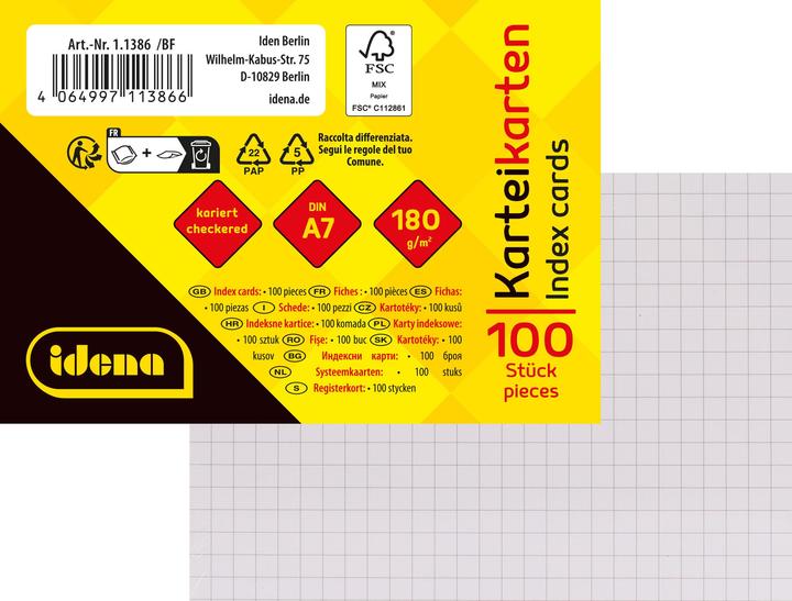 Idena Karteikarten kariert 180g/m² weiss DIN A7 100 Stück (A7, 180 g/m²)