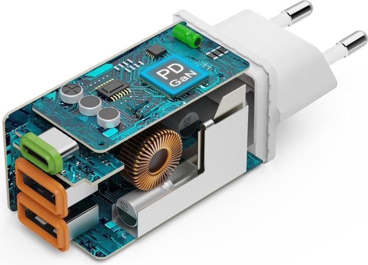 Actual product image Hama Fast charger, GaN, 1x USB-C PD, 2x USB-A QC, mini charger, 45 W, white (45 W, 3 ports)
