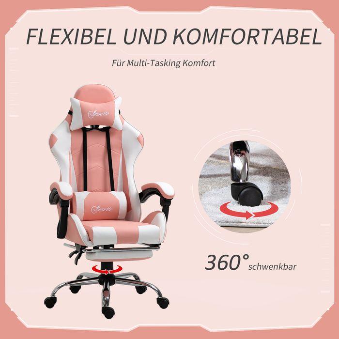 Immagine prodotto Swisshandel24 Sedia da gioco ergonomica con poggiatesta e cuscino lombare in schiuma di ecopelle PVC rosa+bianco
