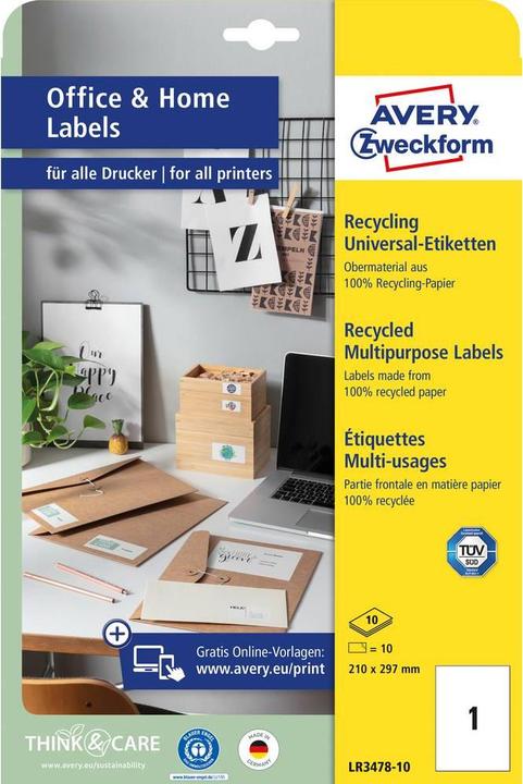 Productafbeelding Avery Universele etiketten 210 x 297 mm, 10 vel