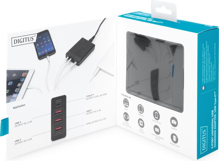 Produktbild Digitus 4-Port USB-Ladeadapter 72W 1x USB-C PD 5 9 15 20V/3A 3x USB-A 5V/2.4A schwarz (72 W)