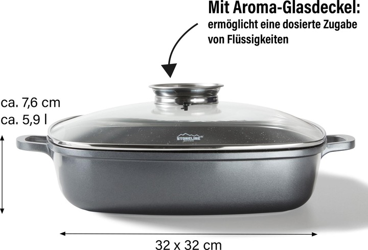 Produktbild Stoneline Eckpfanne 32x32 cm mit Aroma Glasdeckel, Pfanne rechteckig, Backofen, Induktion geeignet (32 cm, Pfannenset + Topfset, Aluminium)