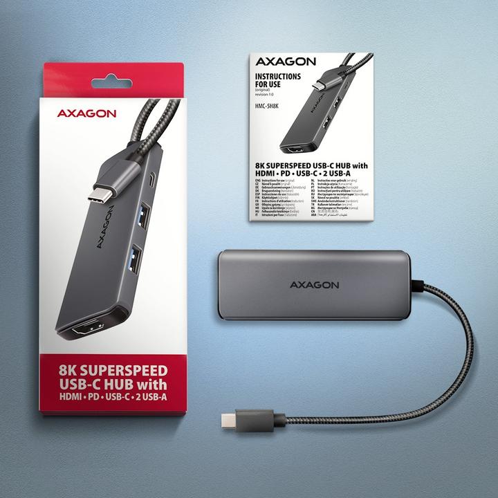 Actual product image Axagon HMC-5H8K 2x USB-A, 1x USB-C, 8K HDMI, USB 3.2 Gen 1 hub, PD 100W, 15cm USB-C cable (USB-C, 5 ports)