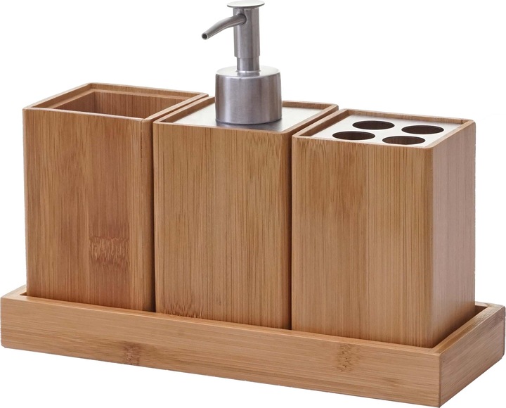 Produktbild Swisshandel24 4-teiliges Badset, Badezimmerset Badaccessoires Seifenspender Zahnbürstenhalter, Bambus