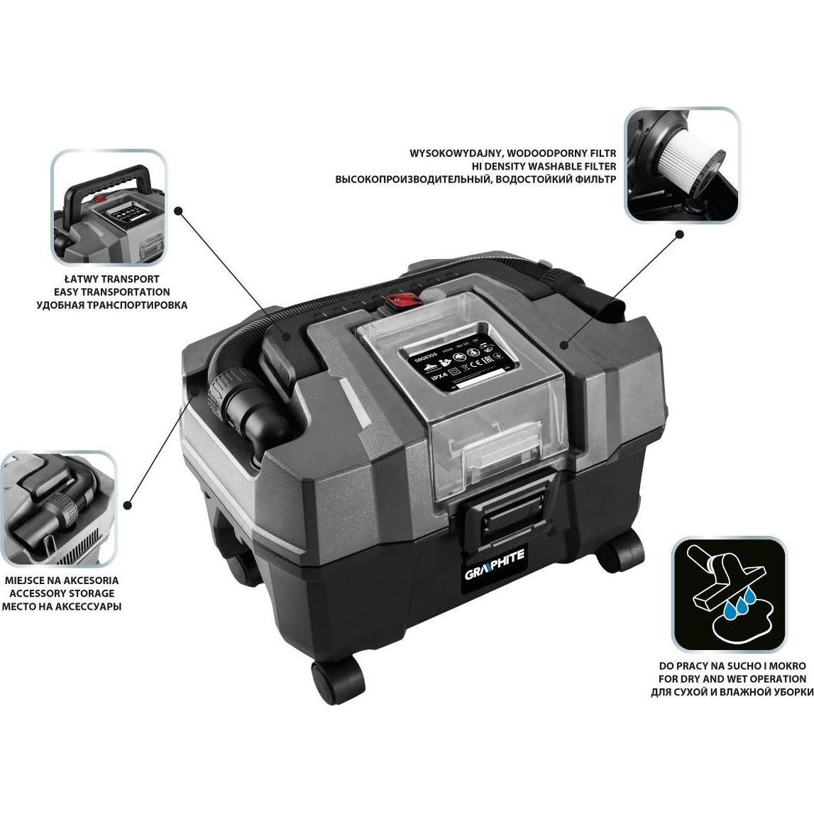 Graphite, Industriestaubsauger, Werkstattstaubsauger Energy + 18V, Li-Ion, 10 L, ohne Akku (Nass-Trockensauger)