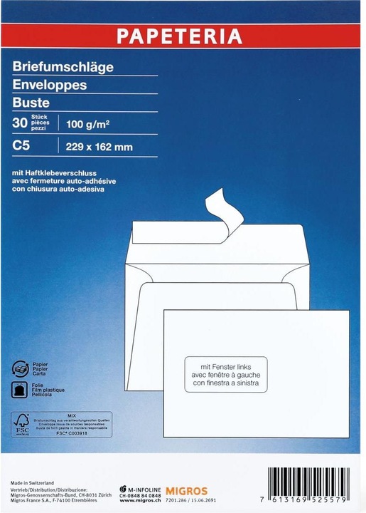 Image du produit Papeteria C5 Briefumschläge mit Fenster links (C5, 30 x)