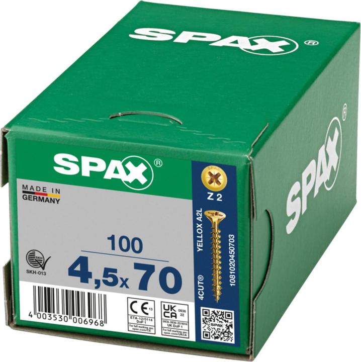 Image du produit Spax Senkmultikopf Kreuzschlitz Z2 Vollgewinde Yellox (100 Vis par pièce, 4.5 x 70 mm)