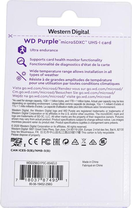 Productafbeelding WD Paars, Bewaking, microSD XC, Klasse - 10, UHS 1 (256 GB, microSDXC, U1, UHS-I)
