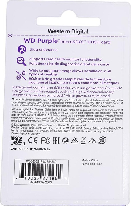 Produktbild WD Purple, Surveillance, microSD XC, Class - 10, UHS 1 (256 GB, microSDXC, U1, UHS-I)