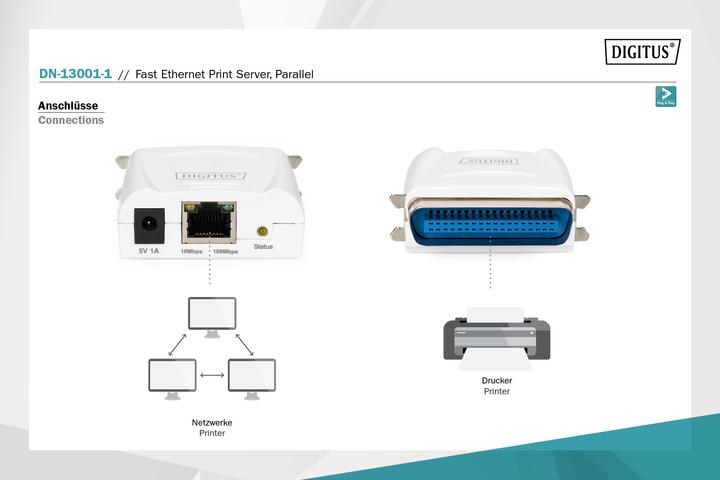 Image du produit Digitus Serveur d'impression Fast Ethernet 1xParallèle 1xRJ-45 avec bloc d'alimentation