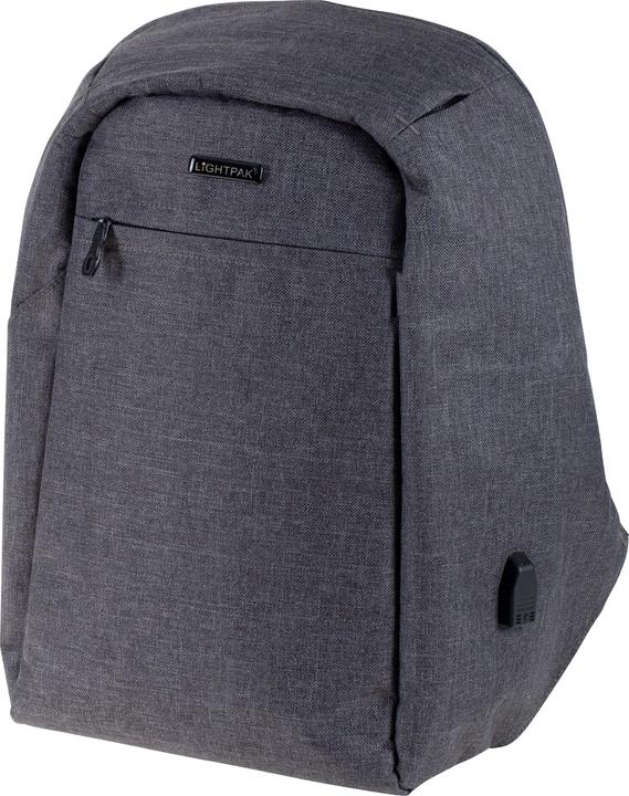 Actual product image Lightpak Backpack "SAFEPAK", with USB charging port, gray polyester, padded back, trolley strap