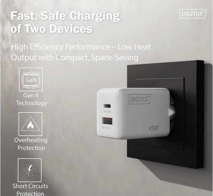 Productafbeelding Digitus USB GaN Charger 45W, 1x USB-C, 1x USB-A (45 W, 2 ports)