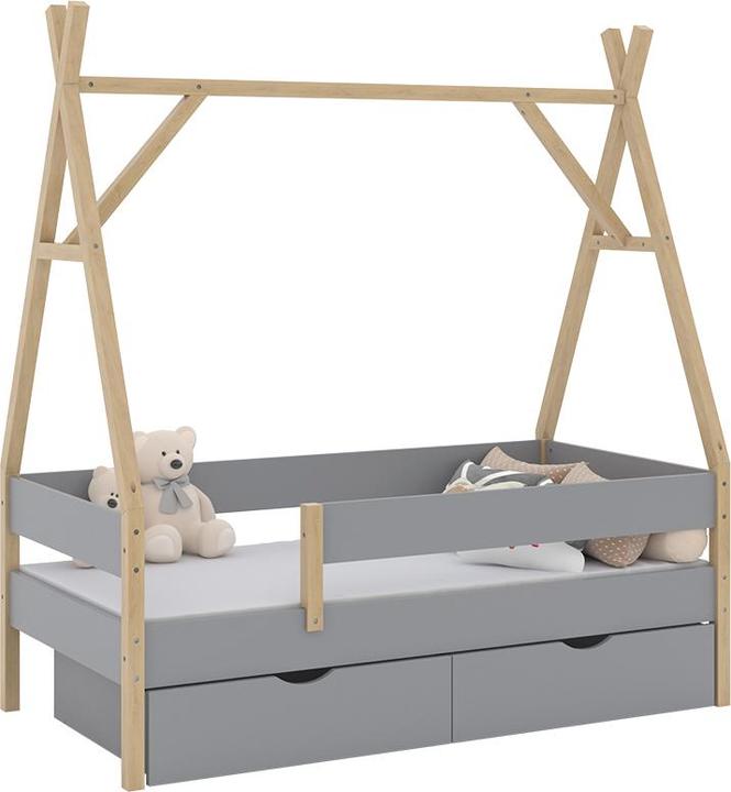 VitaliSpa Lit Tipi Bali, Gris, 80x160 cm avec 2 tiroirs et matelas (80 x 160 cm)