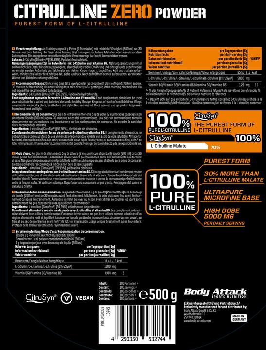 Produktbild Body Attack Citrulline Zero (500g Beutel) (Neutral, 500 g)