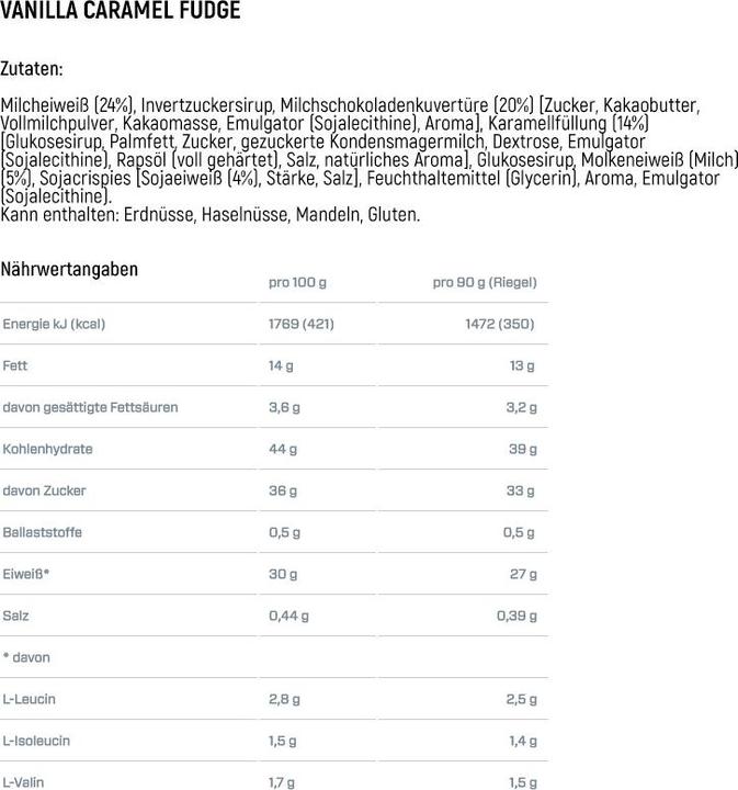 Nährwerte und Zutaten Dymatize Super Mass Gainer Bar (Vanille, Karamell, 10 Stk., 900 g)