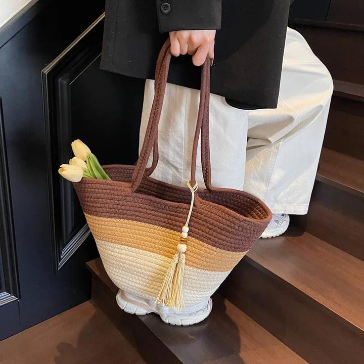 Actual product image Only-Bags.Store Baumwollseil gewebtes Design Umhängetaschen gestreift grosse Kapazität Sommer Strand Shopper mit