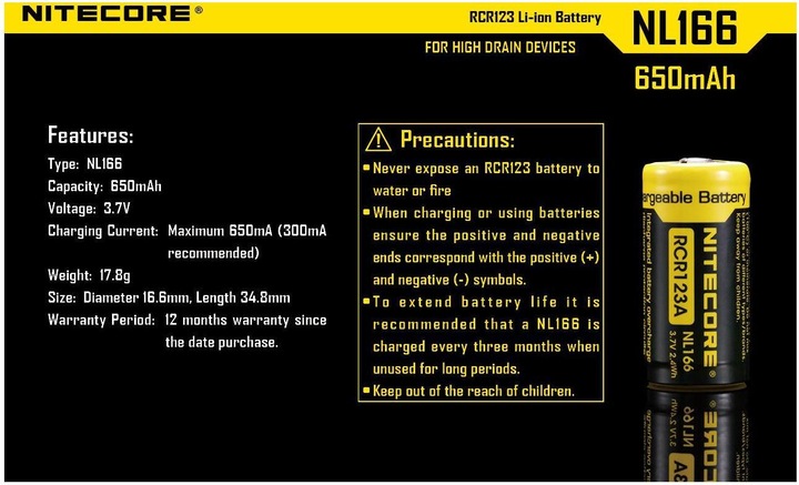 Actual product image Nitecore Li-Ion battery type 16340 - NL166