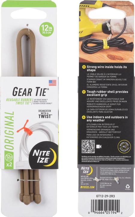 Nite Ize Gear Tie®12" Twist en caoutchouc réutilisable marron (Serre-câbles en plastique, 304.80 mm, 1 pcs)