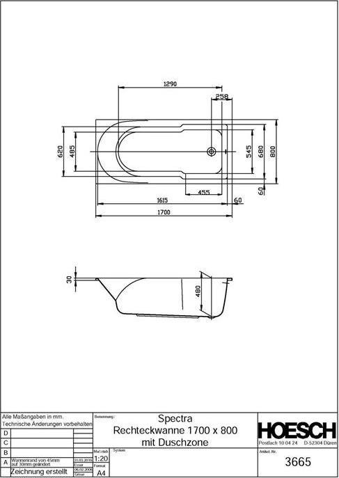 Actual product image Hoesch Bathtub SPECTRA 1700x800x480mm m shower zone white (210 l, 170 cm, 80 cm)