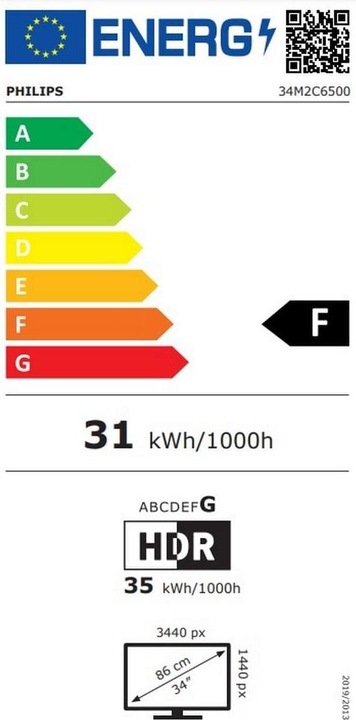 Energie-Label Philips 34M2C6500/00 QD-OLED Curved Monitor, 0.03ms, HDR400, höhenverst., 2x HDMI, Port, USB-C (3440 x 1440 Pixel, 34")
