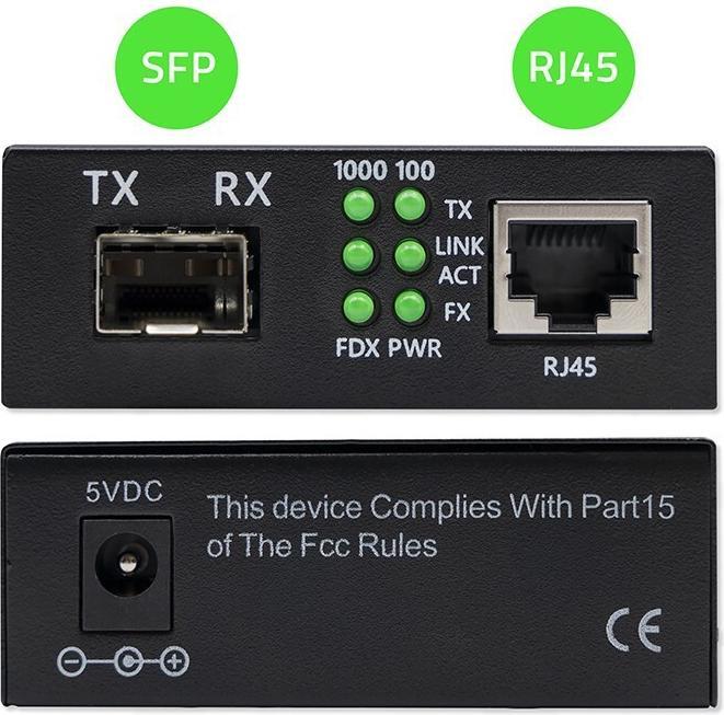 Productafbeelding Qoltec Bidirektionaler Medienkonverter Ethernet SWITCH 1x RJ45 1x SFP | 1000 Mbit/s | 5V