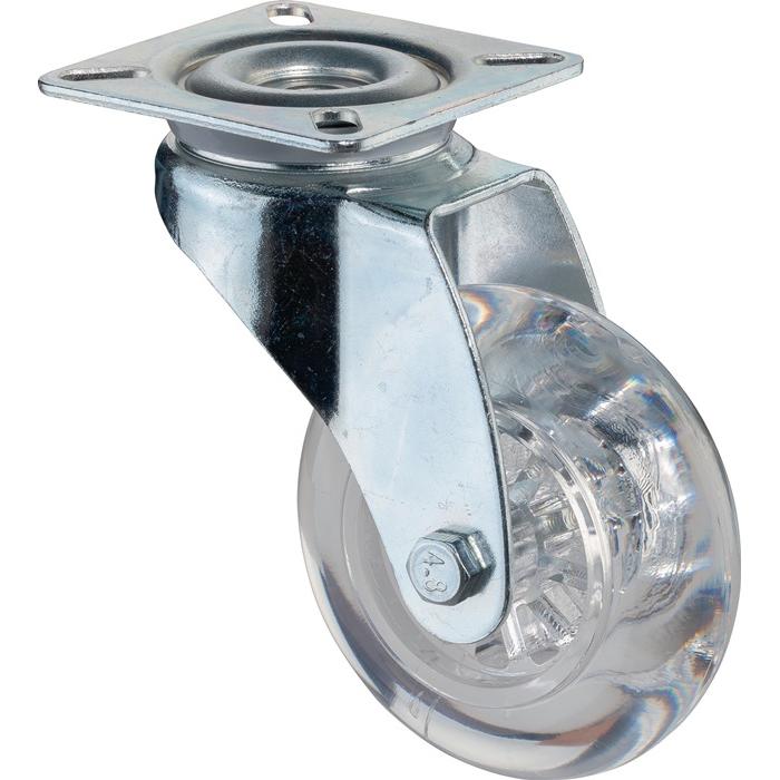 BS Rollen, Möbelrollen, Lenkrolle Rad-Ø 75 mm Tragfähigkeit 50 kg mit Anschraubplatte Gleitlager Kunststoff transparent