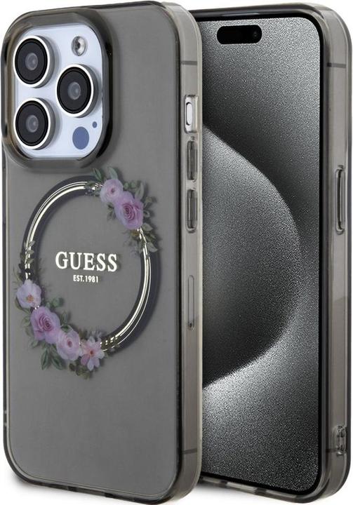 Actual product image Guess GUHMP15LHFWFCK iPhone 15 Pro 6.1" czarny/black hardcase IML Flowers Wreatch MagSafe (Apple iPhone 15 Pro)